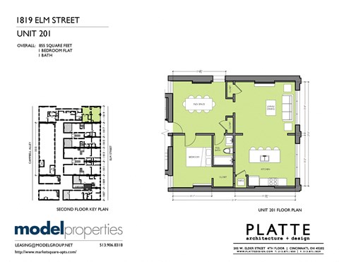 Floor plan for 1 bed, 1 bath, 855 sqft